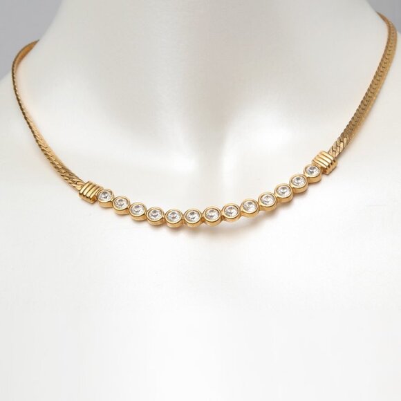Vintage Swarovski Crystal Gold Plated Necklace Collar Choker Flat Snake Chain - Picture 10 of 15